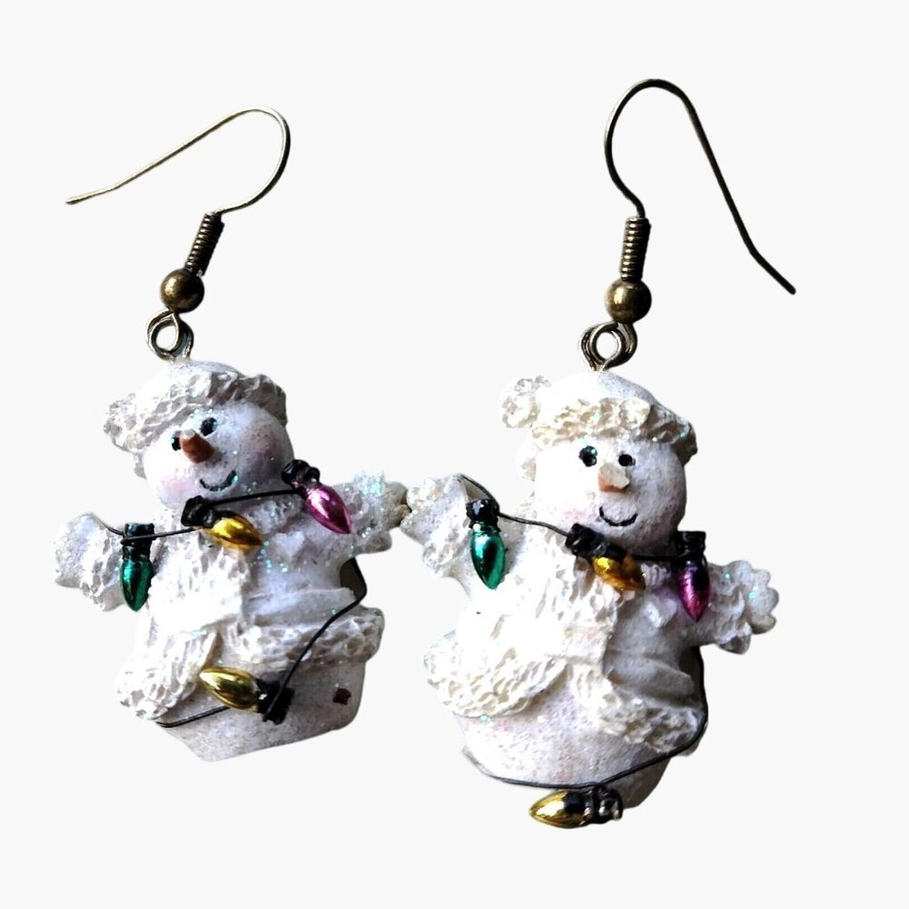 Snowman Earrings White Christmas Lights Dangel Drop Winter Holiday Jewelry